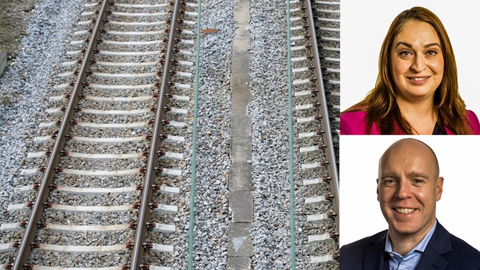 Kollage, järnvägsspår och regionråden Rachel De Basso och Tommie Ekered