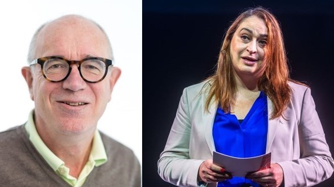 Två personer, en som tittar in i kameran och en som ser ut att stå och lyssna på någon som inte syns i bild.