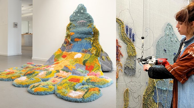 Bildkollage som visar dels konstnären Karin Johansdotter och dels hennes verk Bläckfiskens Trädgård.