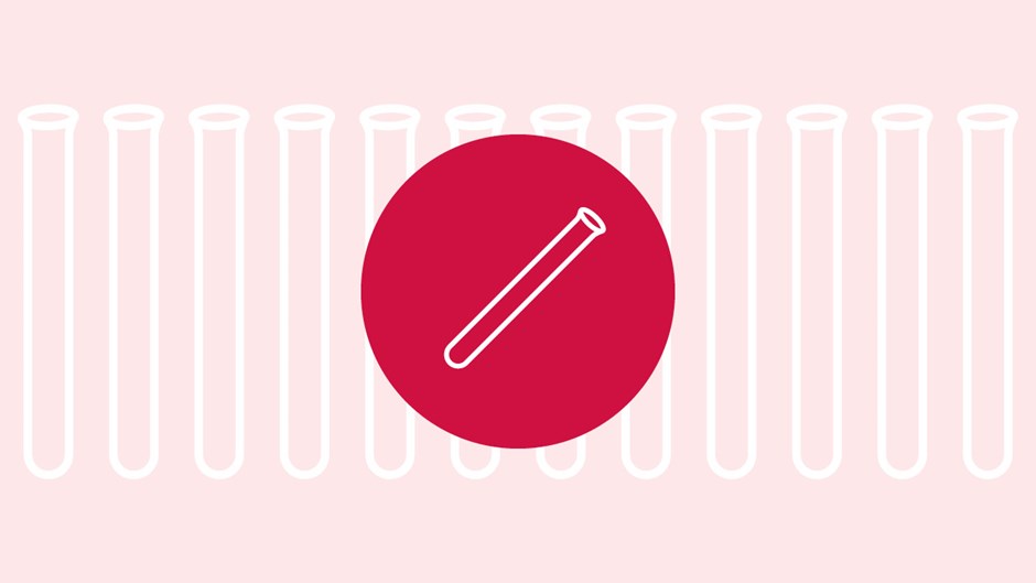 Illustration med provrör, ett mot röd bakgrund och flera på en rosa bottenplatta.