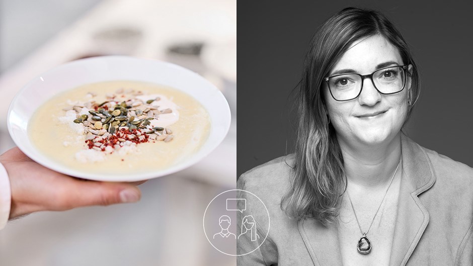 En kollagebild med dels en tallrik soppa, dels ett porträtt av föreläsaren Charlotte Ovesson.