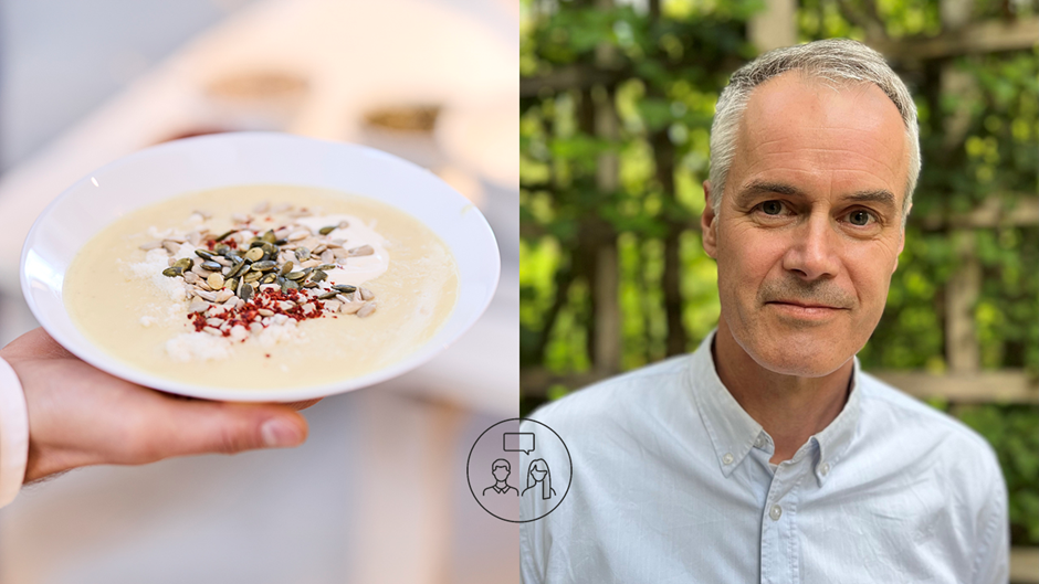En tvådelad bild där vänster sida visar en hand som håller en tallrik soppa med olika frön på. Den höra delen av bilden är ett porträttfoto av Marco Nilsson. Han har kort grått hår, mörka ögon och en ljusblå skjorta.