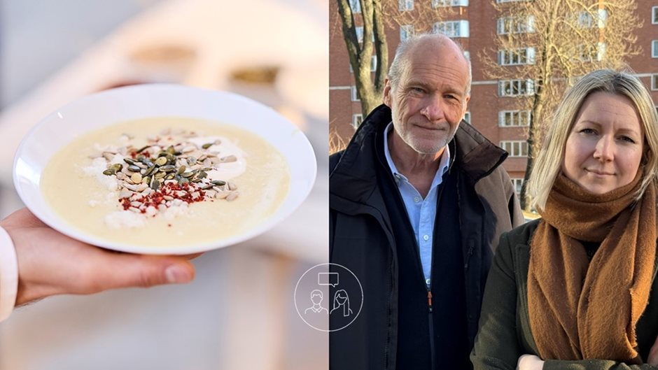 En tvådelad collage-bild, där vänstra delen visar en hand som håller en tallrik soppa med olika toppings. Den högra delen av bilden är ett porträttfotografi av journalisterna Lars-Göran Svensson och Rebecka Montelius.